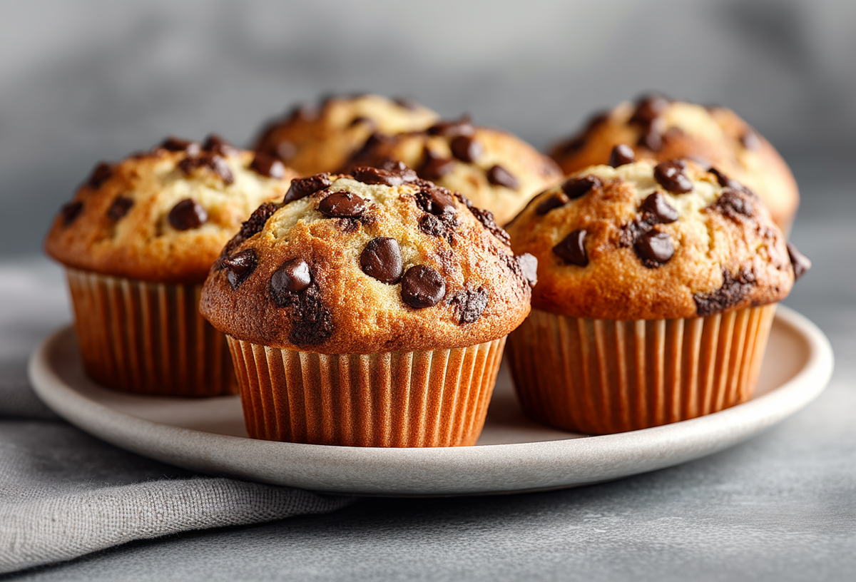 Sechs Chocolate-Chip-Muffins stehen auf einem grauen Teller in grauer Umgebung.