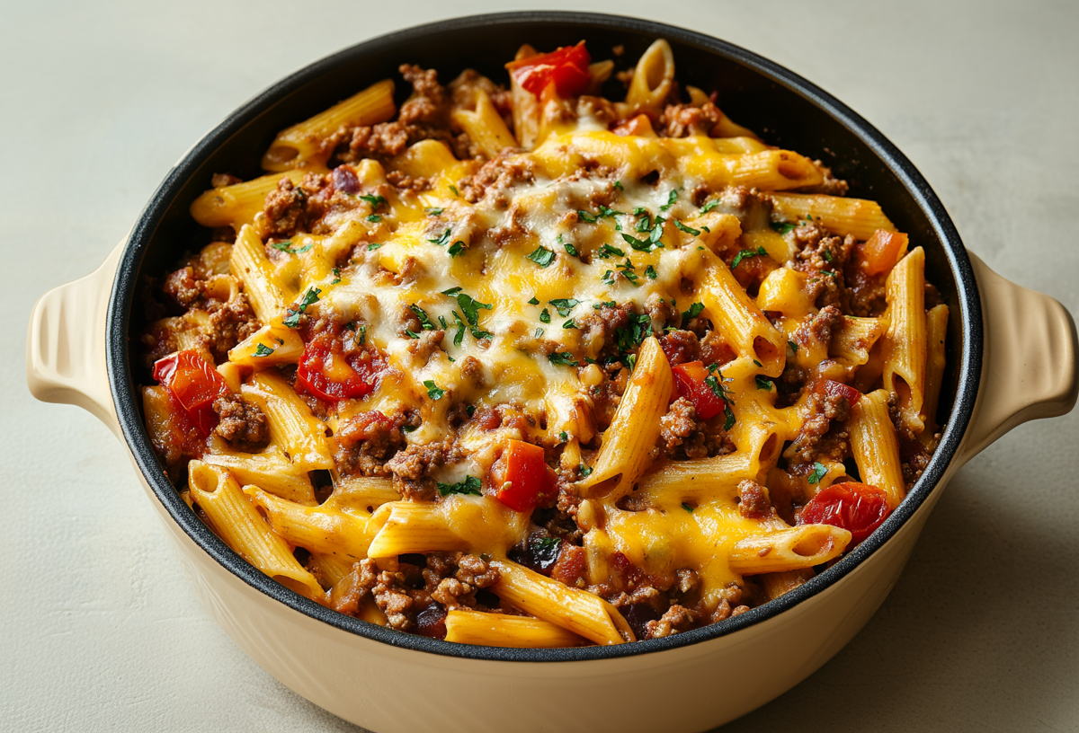 Cowboy-Nudeltopf auf hellem Untergrund. Das Rezept ist mit Nudeln, Hackfleisch, Käse, Paprika und Tomaten zubereitet.