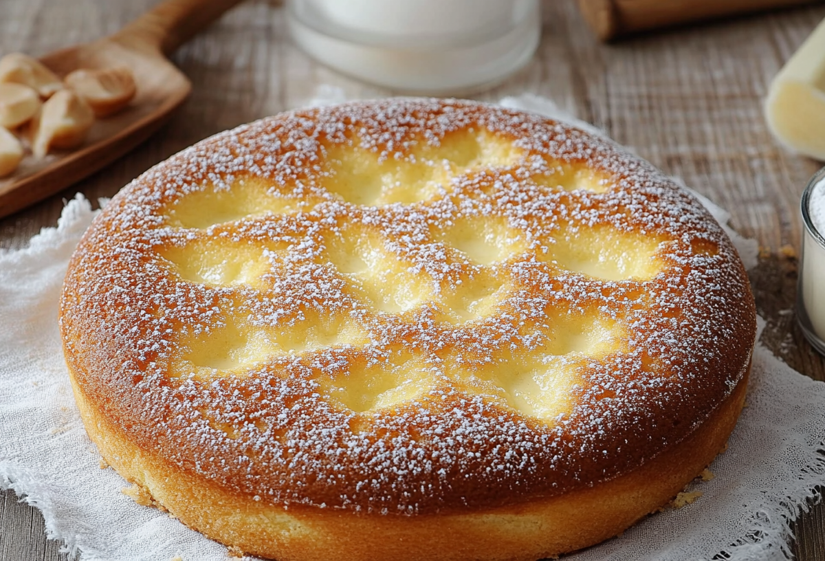 Tarte au Sucre: französischer Zuckerkuchen auf einem Stück Stoff.