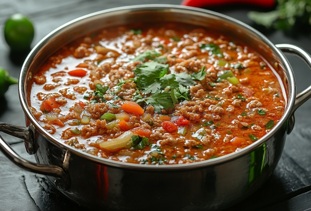 Letscho-Topf mit Hackfleisch und Paprika, bestreut mit Petersilie, in Tomatensoße in einem Topf, drumherum einige Paprikaschoten.