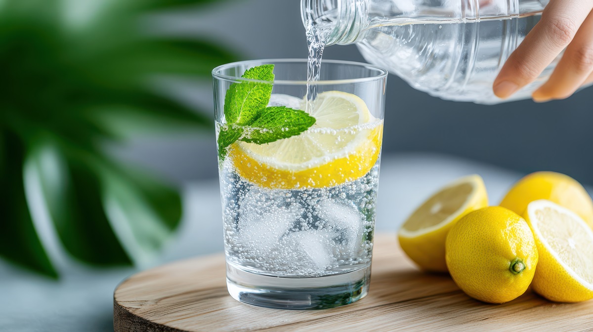 Lohnt sich ein Wassersprudler? Eine Hand gießt Sprudelwasser in ein Glas.