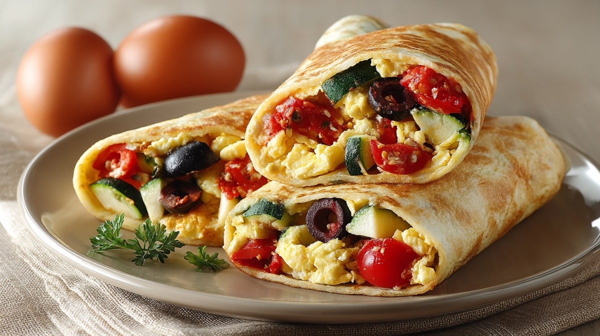 zwei mediterrane Rührei-Burritos mit Oliven, Zucchini und Tomaten auf einem Teller, dahiner unscharf zwei Eier.