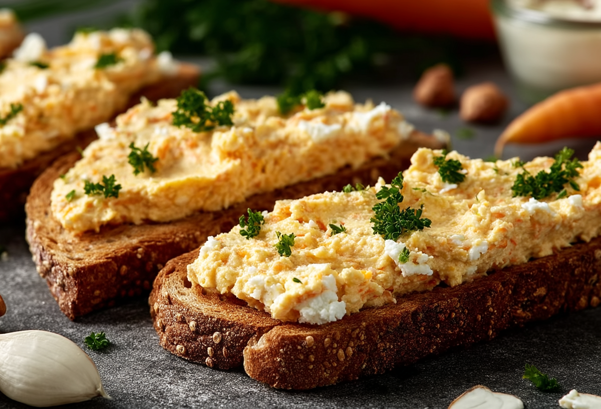 Möhren-Schmand-Aufstrich auf mehreren Brotscheiben.