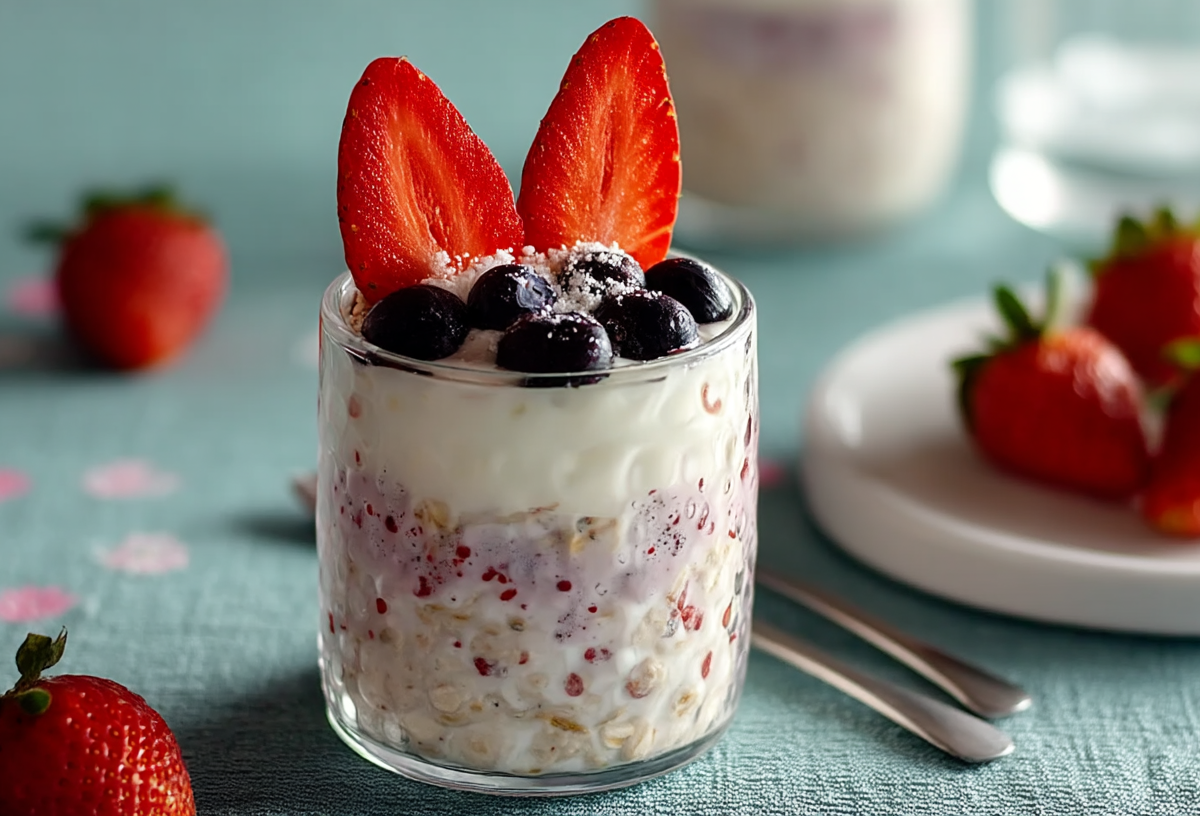 Ein Glas mit Oster-Overnight-Oats, das zwei Erdbeeren wie Hasenohren aufgesetzt bekommen hat.