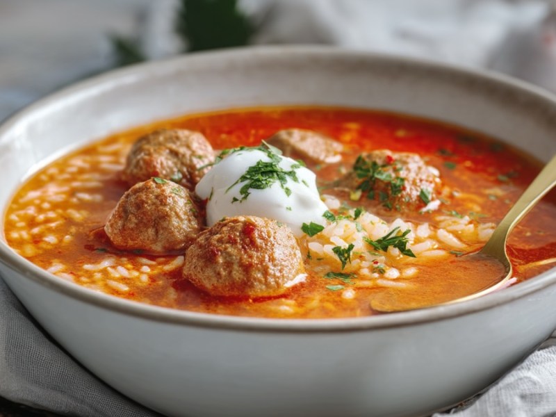 Eine Schüssel Paprika-Reis-Suppe mit Hackbällchen mit einem Löffel.