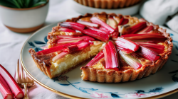Eine Rhabarber-Ziegenkäse-Tarte auf einem Teller mit Blumenmuster. Daneben liegt eine Gabel sowie zwei weitere kleine Rhabarberstangen.