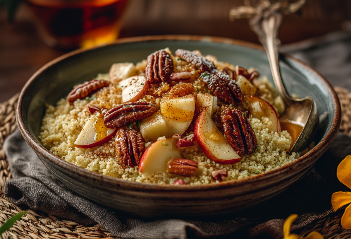Eine Schale mit Apfel-Pekannuss-Couscous auf einem grauen Tuch und einem Kork-Untersetzer. Im Couscous liegt ein Löffel.
