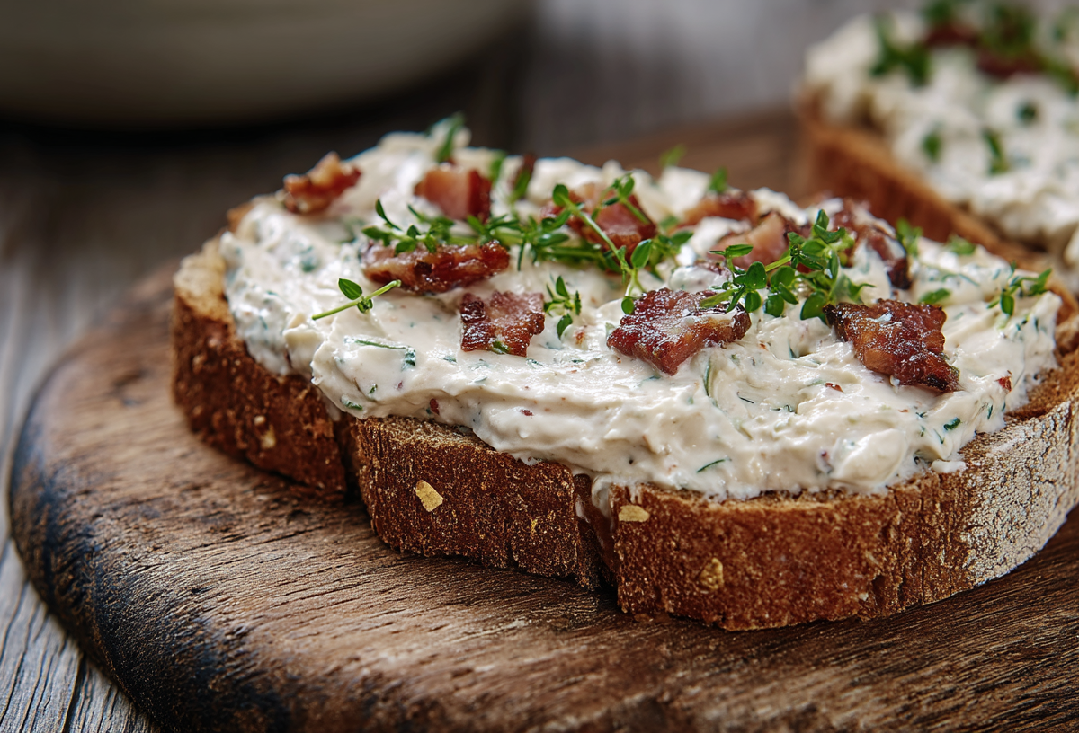 Ein Brot mit Bacon-Frischkäse-Aufstrich.