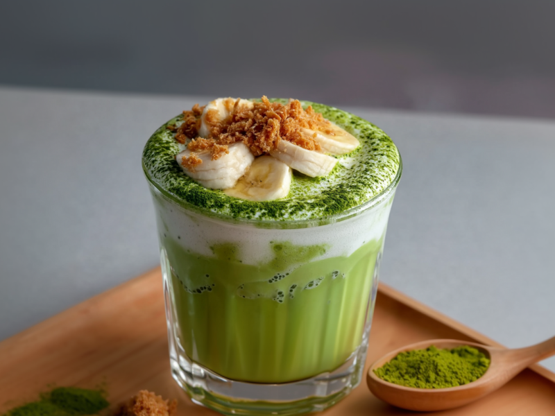 Ein Glas mit Banana-Pudding-Matcha auf einem Holztablett. Rechts neben dem Glas liegt ein Holzlöffel mit Matchapulver. Links liegt ebenfalls etwas Matchapulver sowie Keksbrösel