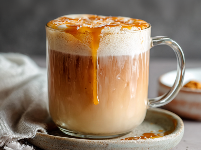 Ein Glas mit einem Caramel Tea Latte, der mit Karamellsoße garniert ist. Das Glas steht auf einem Untersetzer. Links daneben ist ein Tuch drapiert.