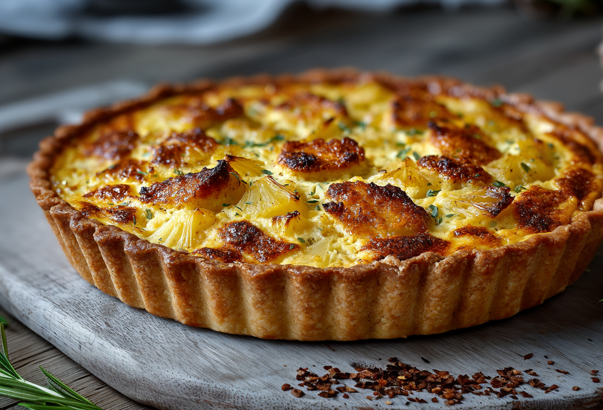 Eine Curry-Ananas-Quiche lieg auf einem grauen Holzbrett. Hinten rechts sieht man eine Ananas. Vor der Quiche liegen einige Gewürze. Links im Bild liegt ein Rosmarin-Stiel.