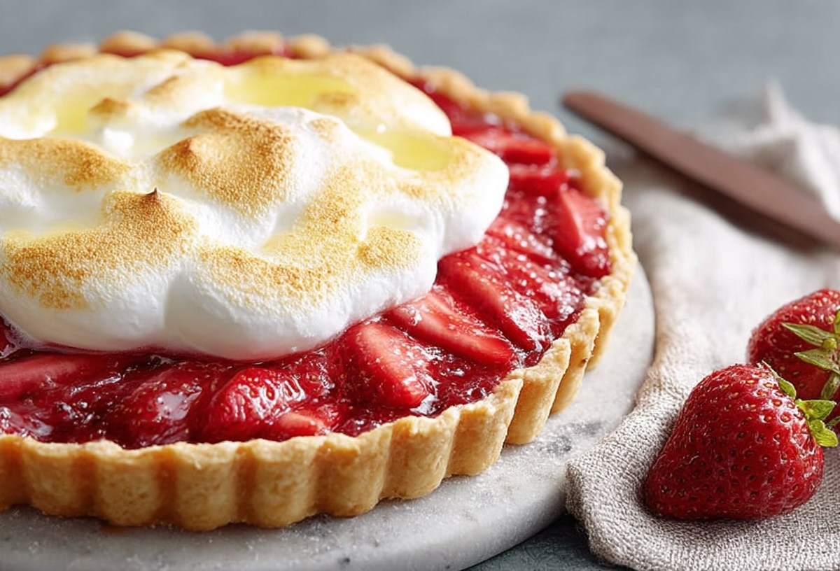 Eine Erdbeer-Baiser-Tarte auf einem Teller, daneben frische Erdbeeren und eine Serviette aus Stoff.