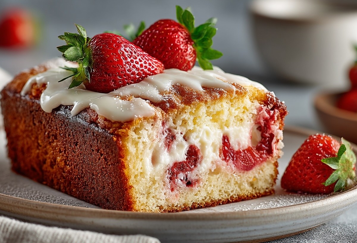 Ein angeschnittener Erdbeer-Cheesecake aus der Kastenform, garniert mit frischen Erdbeeren und Frischkäse-Topping.