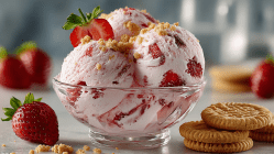 Eine Glasschale mit mehreren Kugeln Erdbeer-Frischkäse-Eis, die mit Kekskrümeln und einer Erdbeerscheibe garniert sind. Ringsum liegen einzelne Erdbeeren und Kekse verteilt.