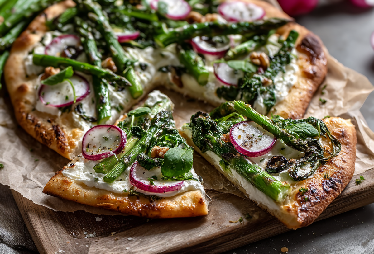 Ein angeschnittener Flammkuchen mit Spargel und Radieschen auf einem mit Backpapier belegten Holzbrett. Hinter ihm liegt noch weiterer grüner Spargel. rechts im Bild liegt ein angeschnittenes Radieschen.