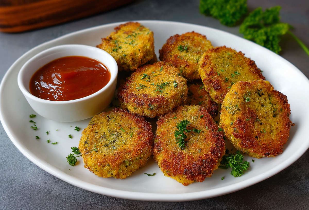 Mehrere Kichererbsen-Nuggets auf einem Teller. Daneben steht ein Schälchen mit Tomatensoße.