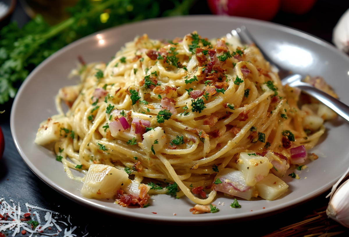 Kohlrabi-Carbonara auf einem grauen Pastateller. Drum herum liegen Zutaten.