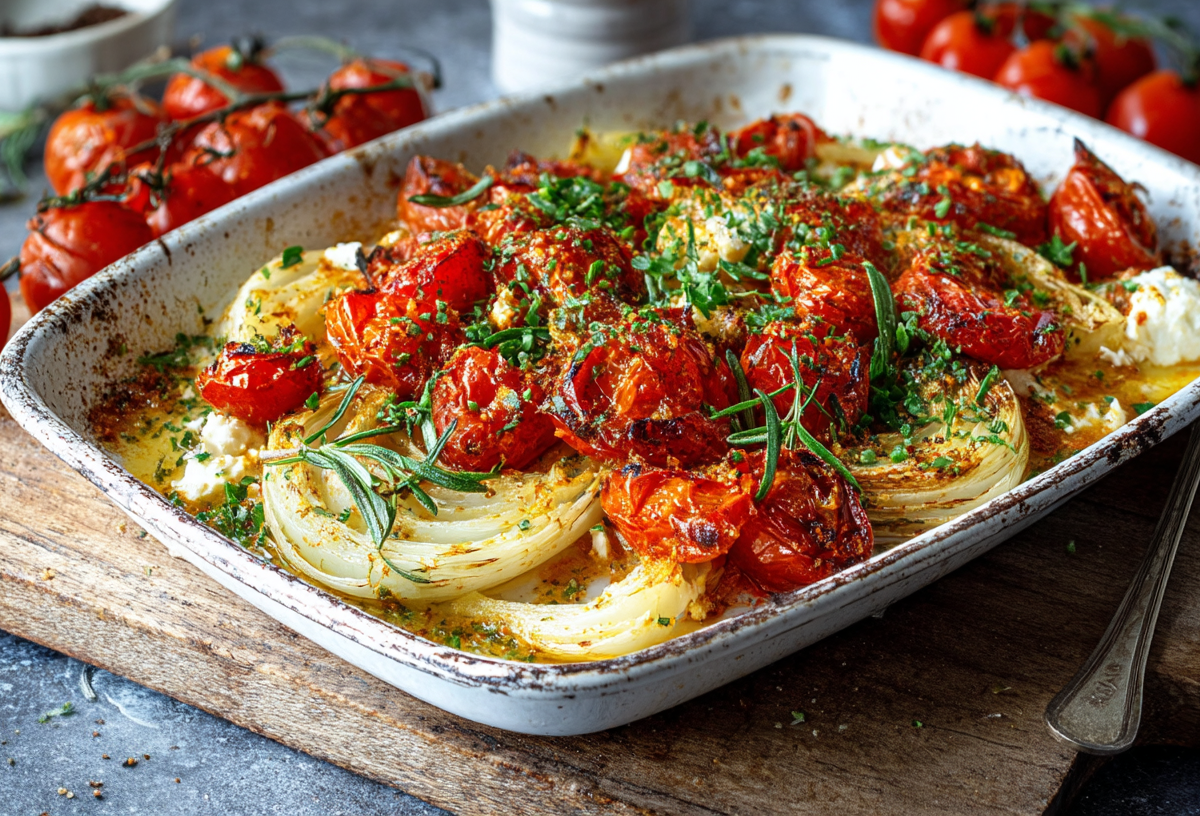 Ofenfenchel mit Tomaten und Feta in einer Auflaufform.