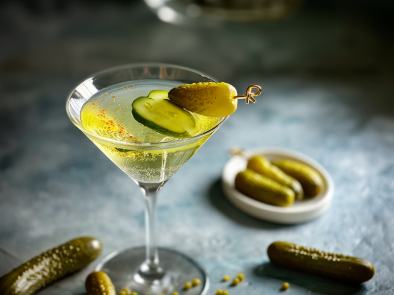 Ein Glas mit einem Pickletini, der mit Essiggurken garniert ist. Ringsum liegen Essiggurken lose und in einer Schale herum.