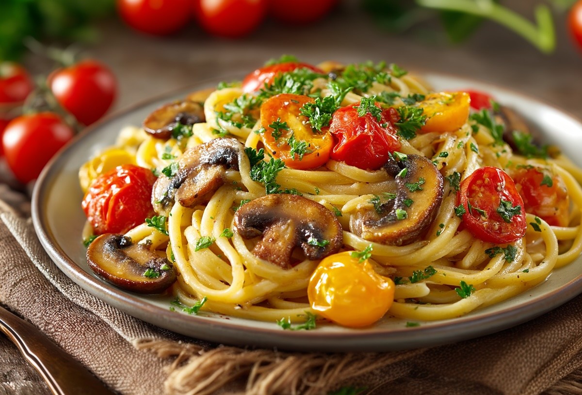 Pilz-Pasta mit Tomaten auf einem Teller, drumherum einige Zutaten.