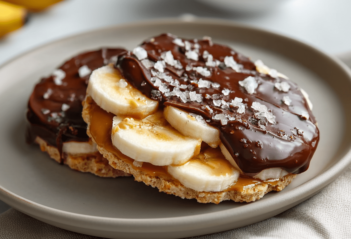 Zwei Schokoladen-Reiswaffeln liegen auf einem grauen Teller. Sie sind mit Erdnussbutter, Bananen, Schokolade und groben Salzkörnern belegt. Im Hintergrund sieht man noch zwei Bananen liegen.