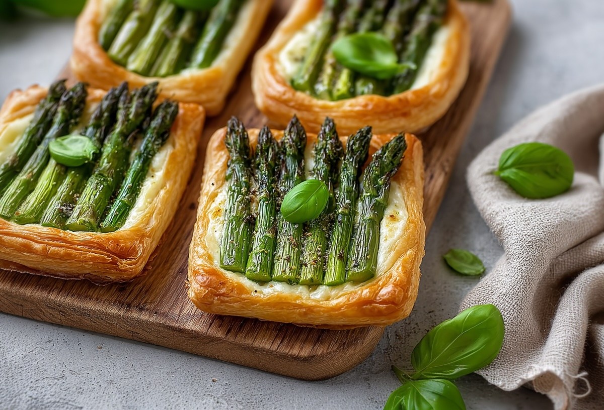 4 Spargel-Blätterteig-Tartes mit Käse auf einem Holzbrett, daneben ein Stofftuch und Basilikumblätter.