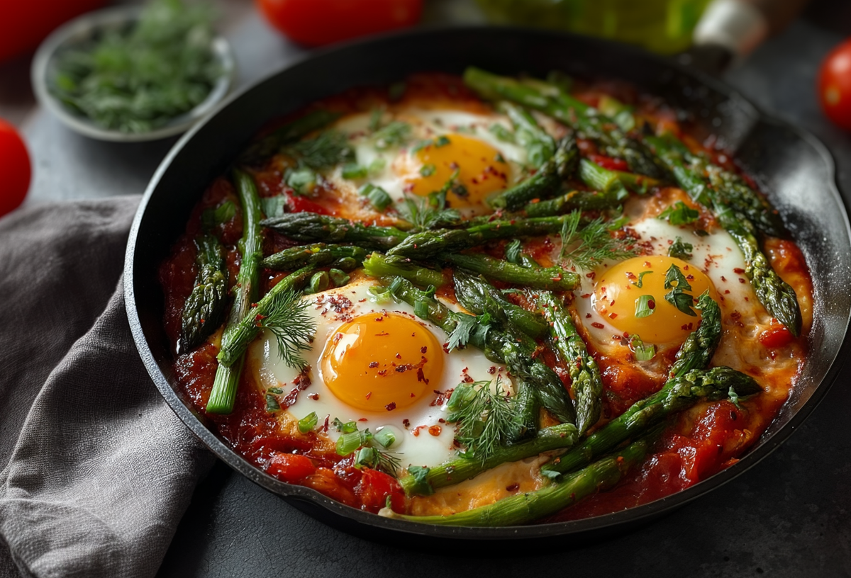 Eine Spargel-Shakshuka in einer Pfanne mit drei Eiern. Um die Pfanne herum liegen mehrere Tomaten verteilt. Die Pfanne steht auf einem grauen Küchentuch.