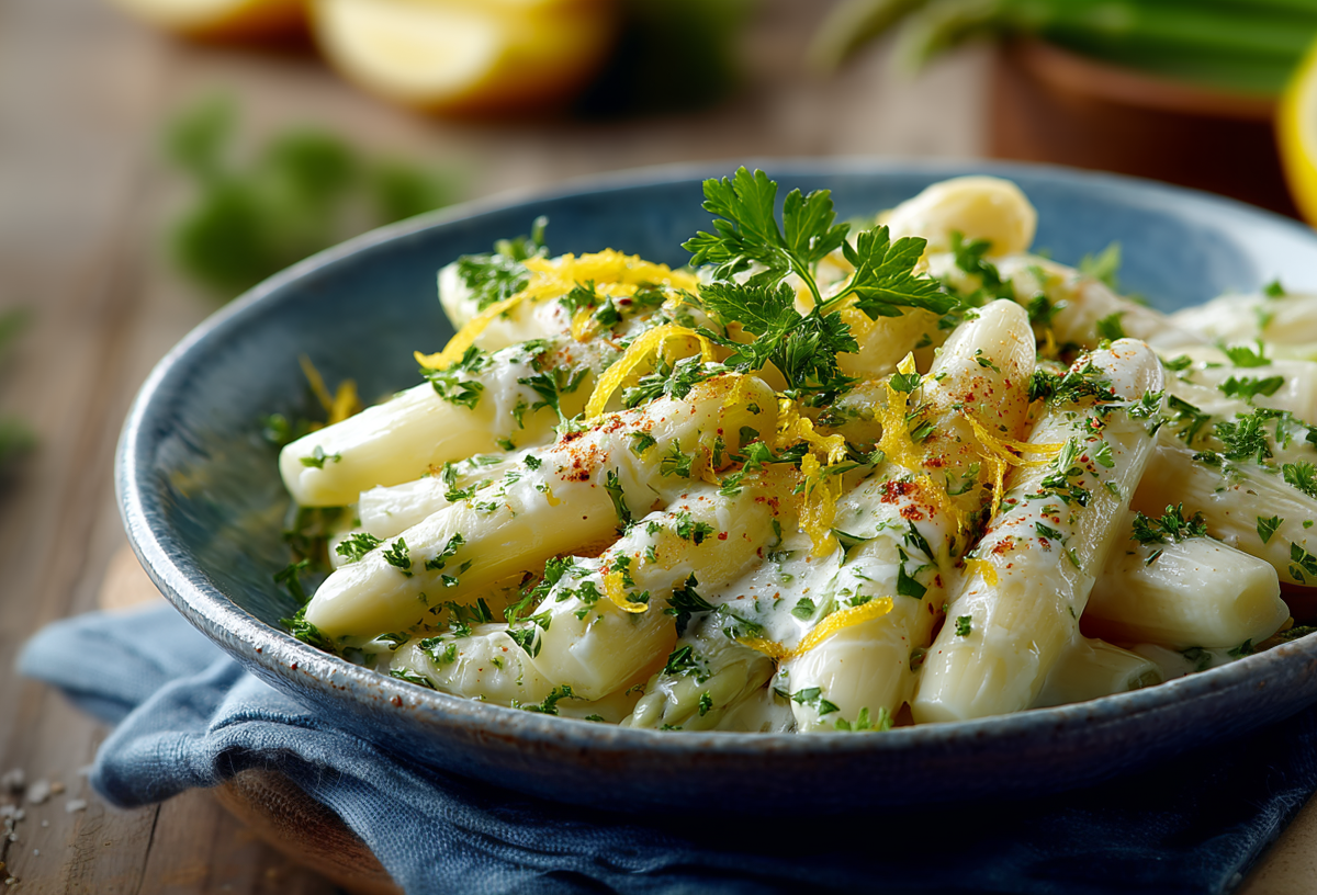 Cremiges Spargelragout in einer blauen Schüssel. Es ist angerichtet mit Zitronenzeste.
