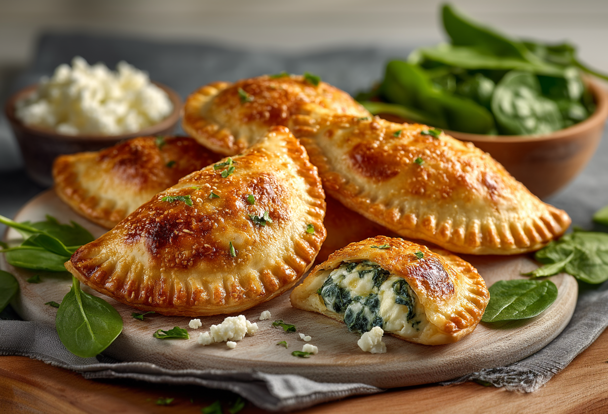 Seches Spinat-Ricotta-Panzerotti liegen auf einem Holzuntersetzer. Eine ist aufgeschnitten und gibt den Blick auf die Füllung frei. Um sie herum verteilt liegt frische Spinat und im Hintergrund ein Schälchen mit Ricotta.