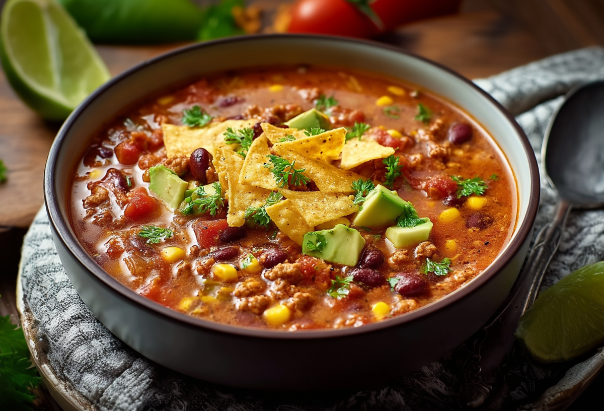 Eine Schale Taco-Suppe steht auf einem Küchentuch. Daneben liegt ein Löffel sowie ein Limettenstück. Im Hintergrund liegen weitere Limetten und Tomaten.