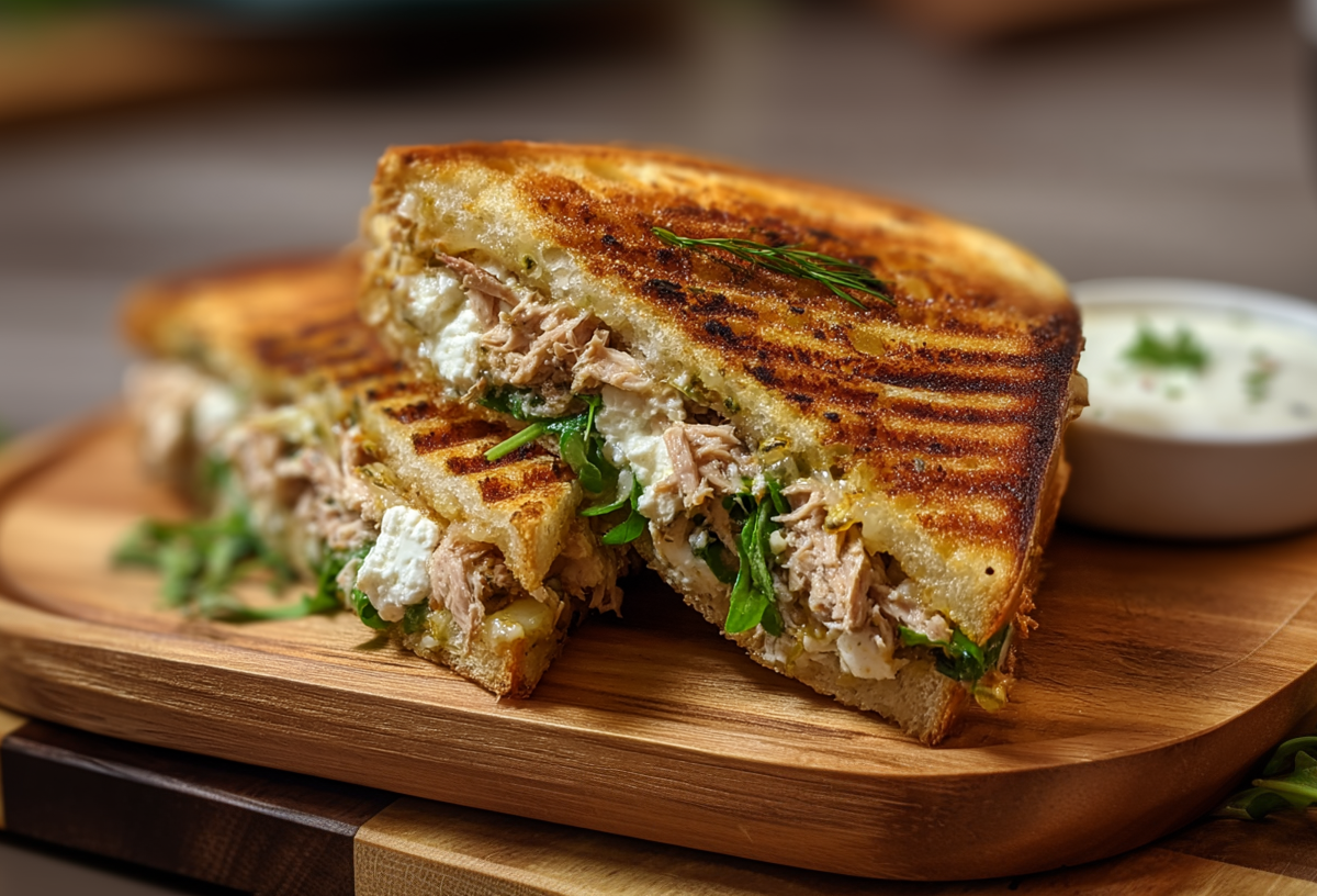 Zwei Thunfisch-Feta-Sandwiches liegen auf einem Holzbrett. Hinter ihnen steht eine kleine Schale mit Dip. Rechts neben dem Brett liegt etwas frischer Rucola.
