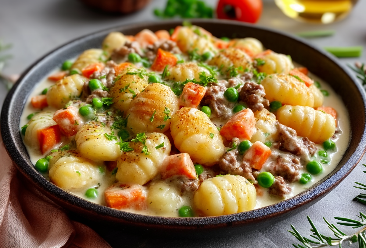 Wikinger-Gnocchi in einer schwarzen Schüssel. Sie sind zubereitet mit Karotten, Gnocchi, Hackfleisch und Erbsen. Im Hintergrund sieht man zwei Tomaten sowie eine Flasche Öl. Rechts neben dem Teller liegt ein Rosmarinzweig.