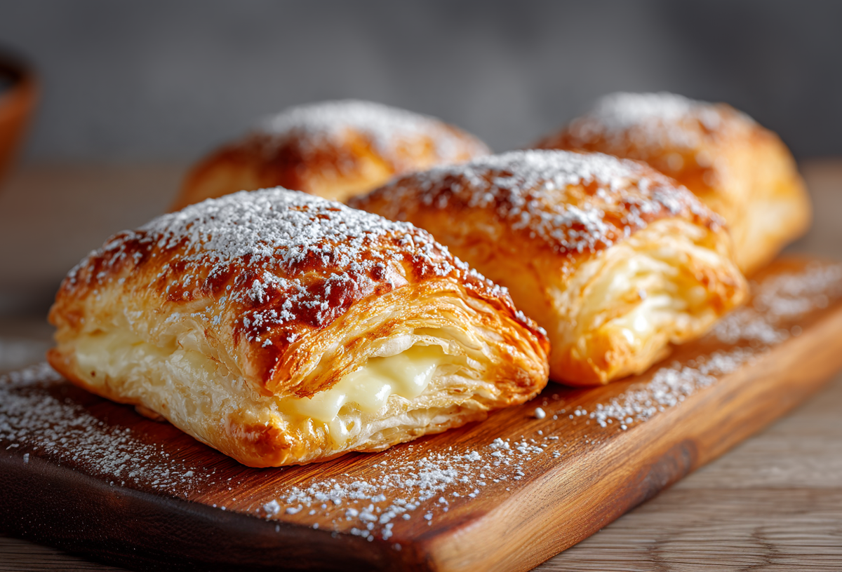 Vier Blätterteig-Puddingtaschen sind zu sehen. Im Hintergrund liegen zwei, im Vordergrund und scharf gestellt liegen zwei auf einem Holzbrett. Sie sind mit Puderzucker garniert.