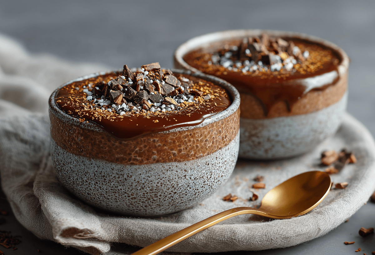 Zwei Schalen Brownie-Overnight-Oats stehen auf einem Küchentuch. Davor liegt ein goldener Löffel.