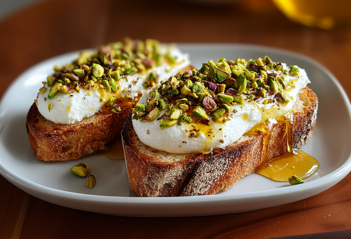 Ein Teller mit zwei Toasts mit Burrata, Pistazien und Honig.