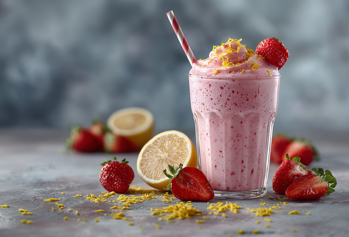 Ein Glas Erdbeer-Cheescake-Shake steht auf grauem Untergrund vor einem grauen Hintergrund. Um das Glas verteilt liegen einige Erdbeeren sowie etwas Zitronenzeste.