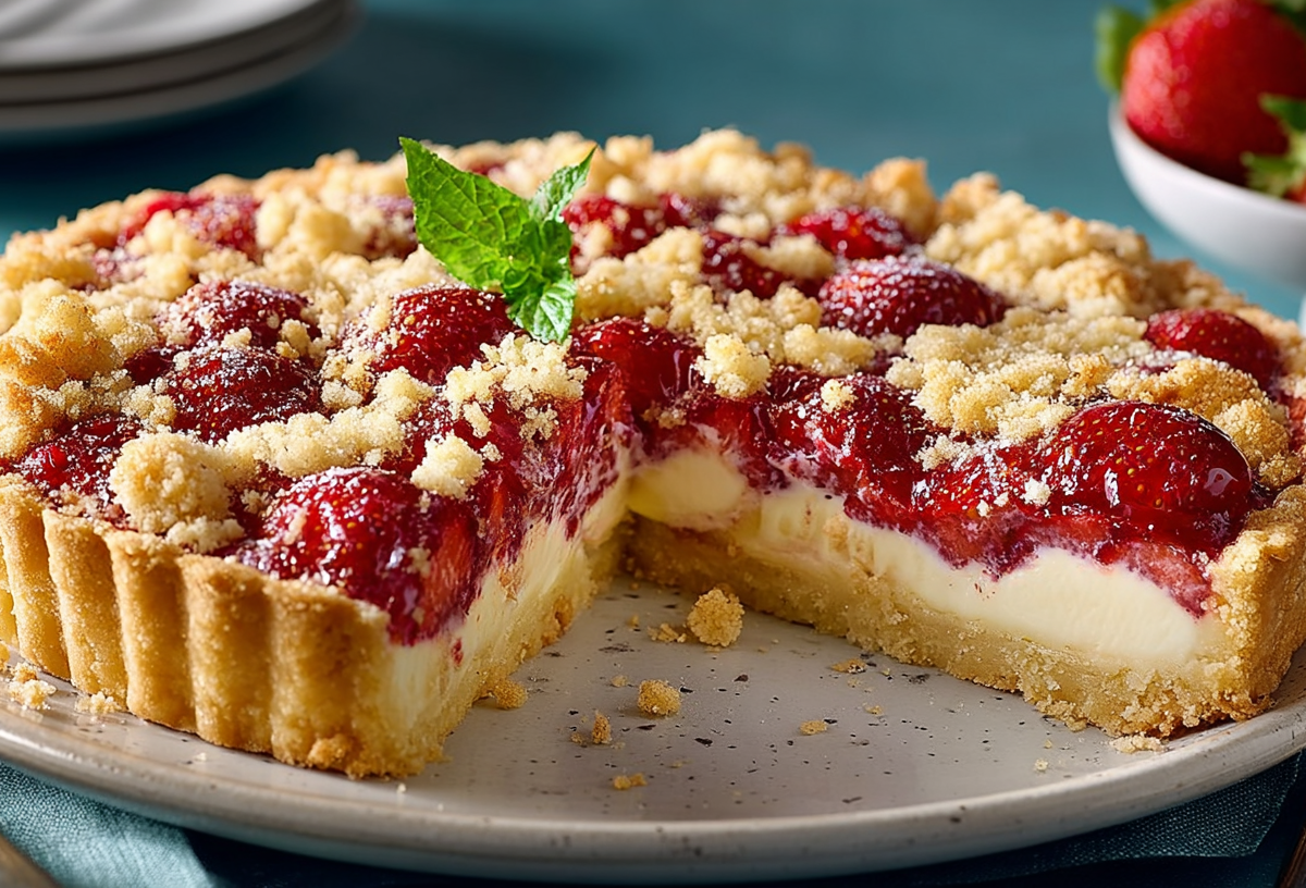 Erdbeer-Frischkäse-Tarte mit Streuseln auf einem Kuchenteller, zwei Stücke wurden bereits entnommen.