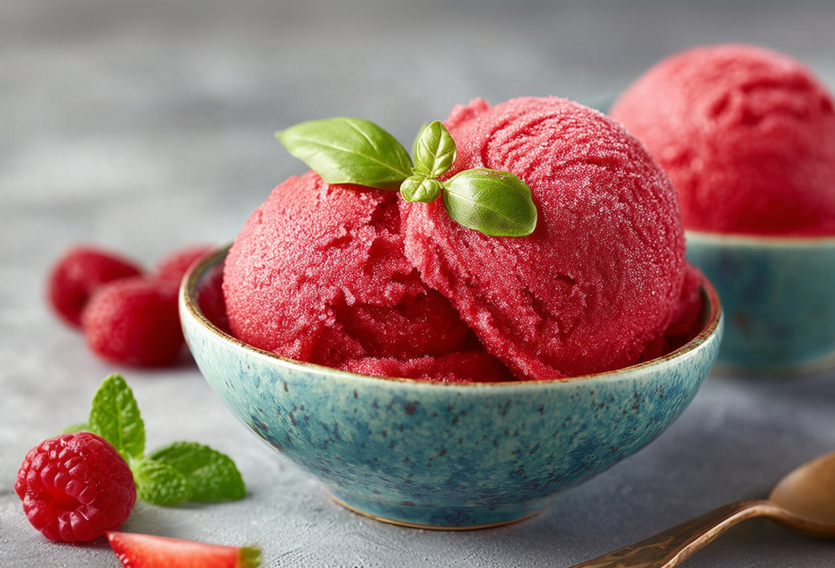 Zwei Schalen mit Erdbeer-Himbeer-Sorbet, garniert mit Basilikum. Daneben liegen einige Beeren und ein Löffel als Dekoration.