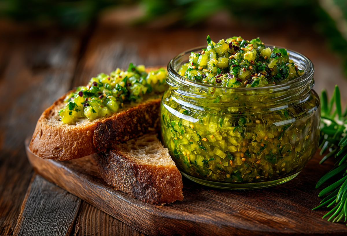 Ein Glas mit Gewürzgurken Relish auf einem Holzbrett. Daneben liegen zwei Scheiben Brot. Eine ist mit etwas Relish bestrichen.