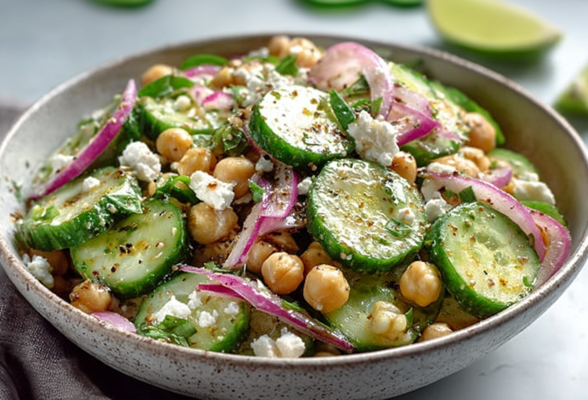 Eine Schale mit Gurkensalat mit Kichererbsen und Feta.