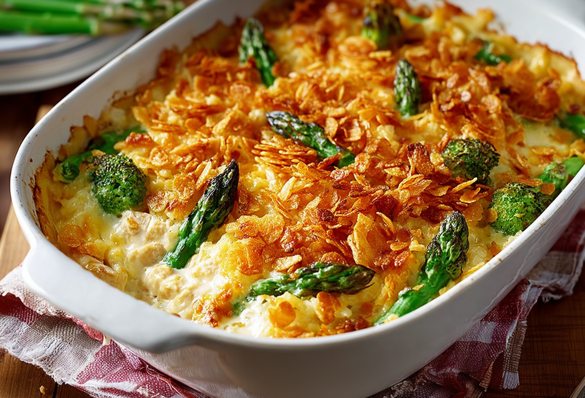 Hähnchen-Reisauflauf mit Spargel in einer Auflaufform mit einer Cornflakeskruste.