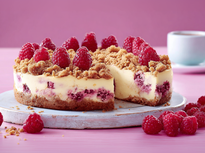 Ein angeschnittener Himbeer-Quark-Kuchen steht auf einer Platte. Davor liegen ein paar Himbeeren. Im Hintergrund eine Kaffeetasse.