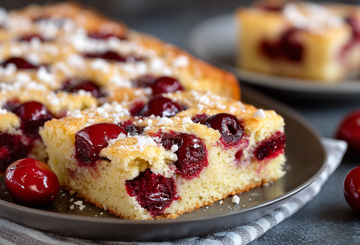 Einige Stücke Kirsch-Joghurt-Kuchen vom Blech.