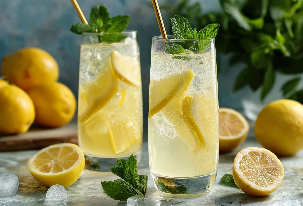 Zwei Gläser mit Lillet Lemon, daneben einige aufgeschnittene Zitronen als Deko und Eiswürfel. Im Hintergrund sind Zitronen zu sehen.