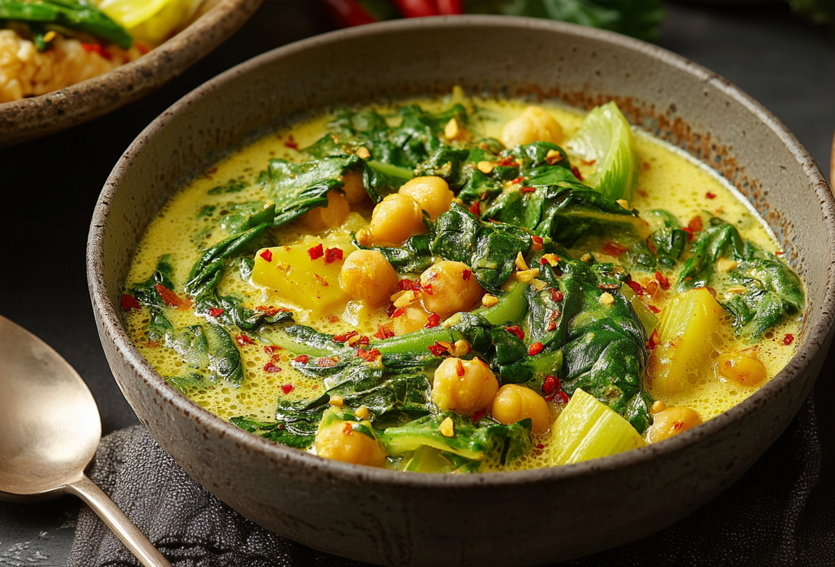 Eine Schale Mangold-Curry mit Kichererbsen.
