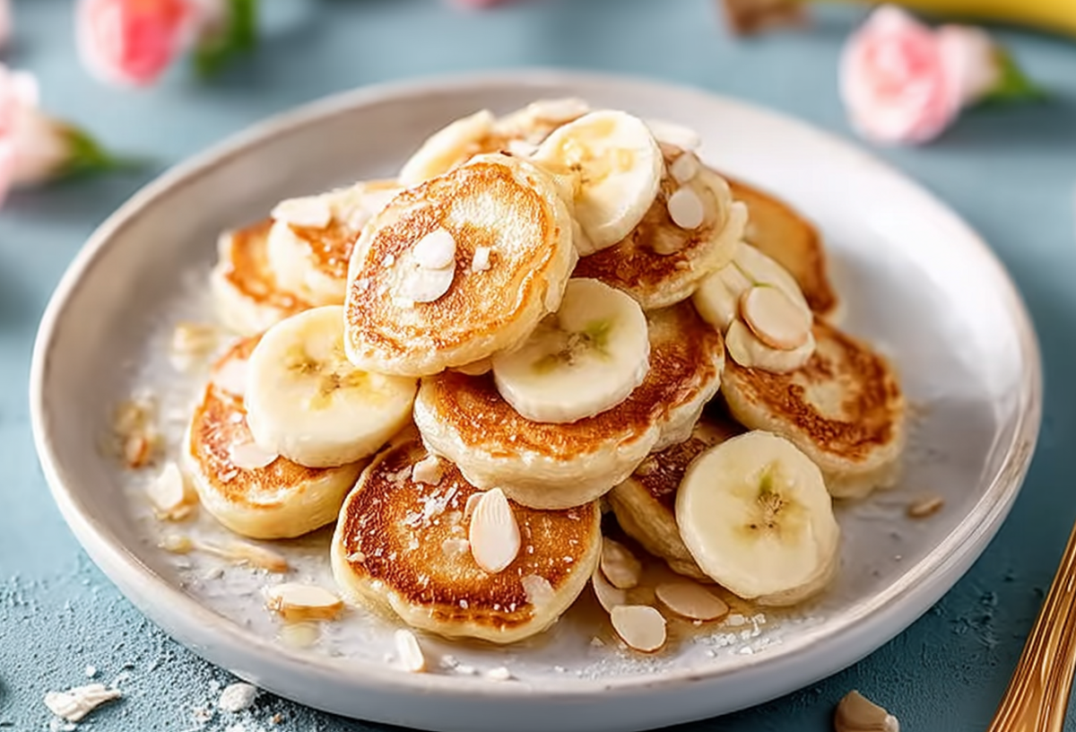 Ein Teller mit Mini-Bananen-Pancakes, dekoriert mit Bananenscheiben und Mandelblättchen.