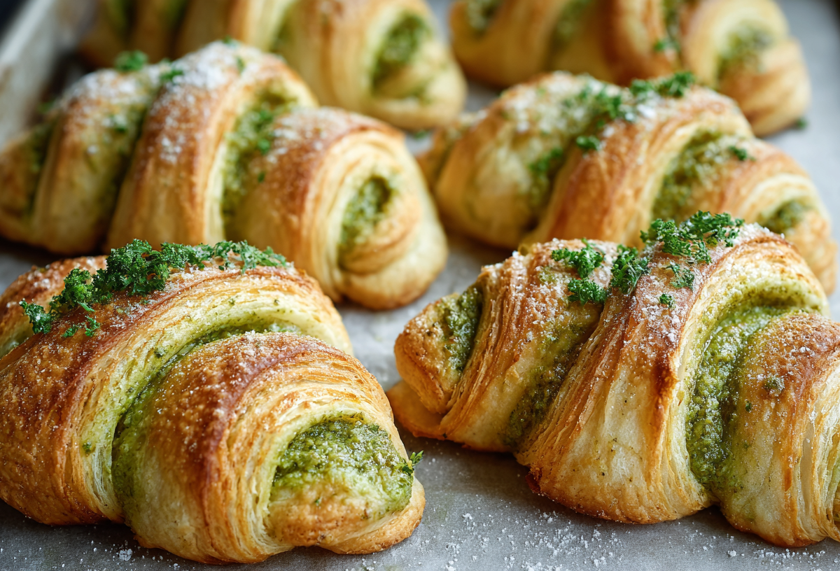Pesto-Croissants auf einem mit Backpapier ausgeschlagenen Backblech.