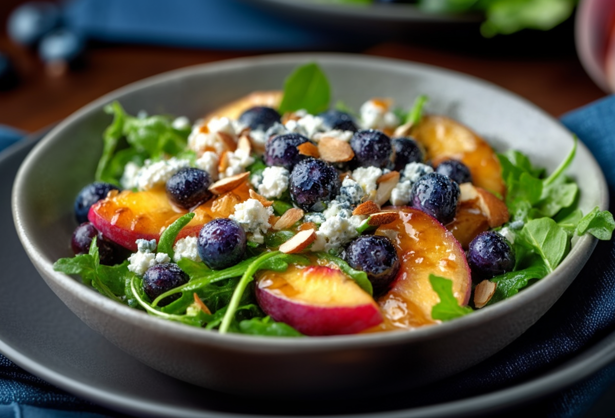 Pfirisch-Blaubeer-Feta-Salat, serviert in einem tiefen Teller. Steht auf einem zweiten Teller und einer Serviette.