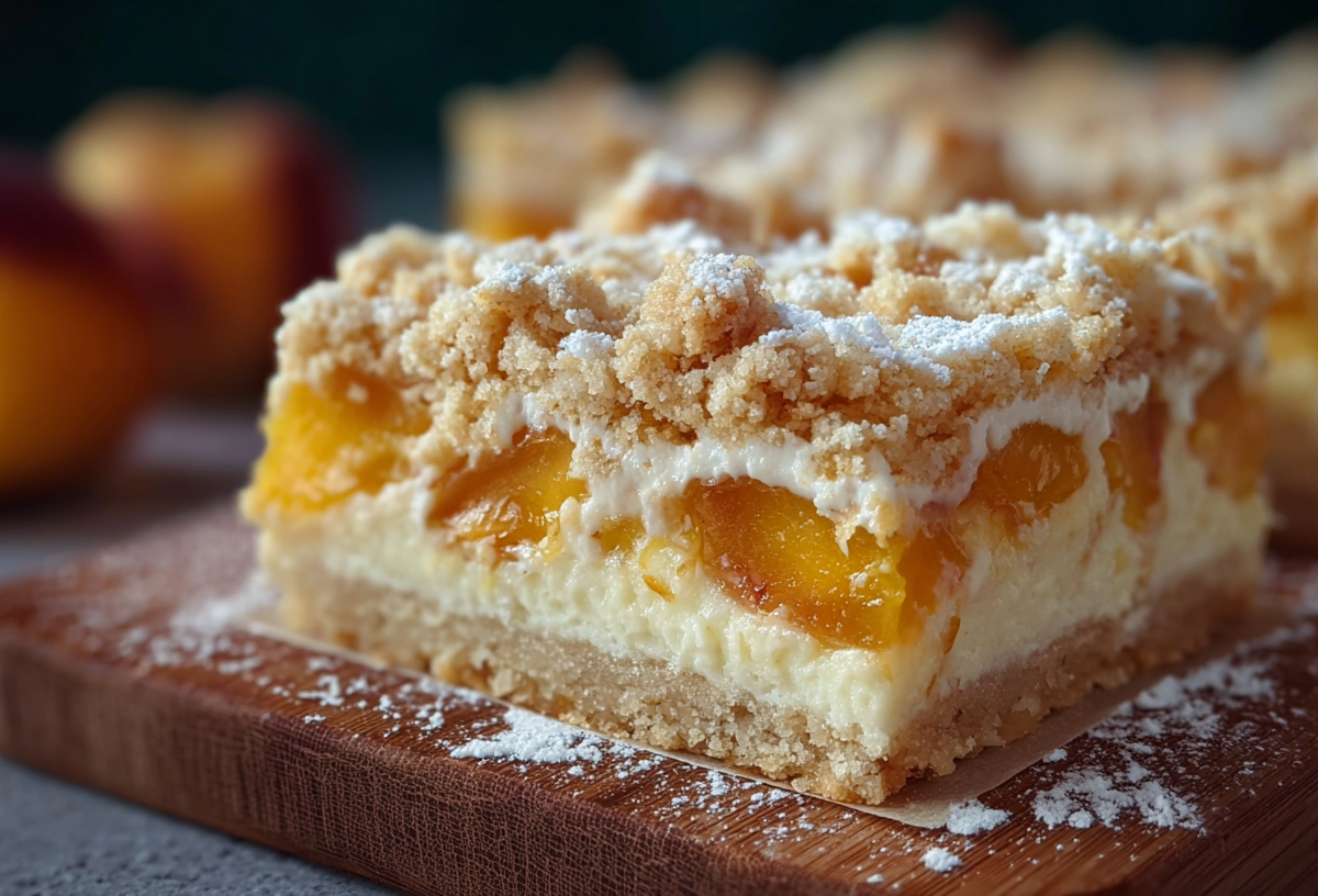 Ein Stück Pfirsich-Quark-Kuchen vom Blech. Im Hintergrund sind ganze Pfirsiche und der Rest des Kuchens zu sehen.