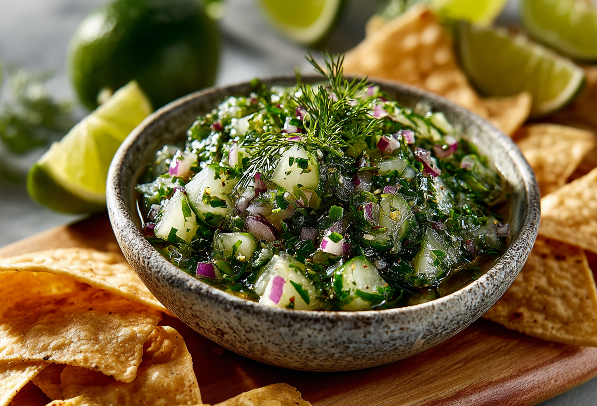 Eine Schale Pickle de gallo auf einem Holzbrett. Daneben liegen mehrere Nachos. Im Hintergrund sieht man Limettenspalten.